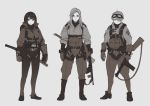  3girls assault_rifle belt between_breasts boots breasts closed_mouth coat contrapposto eyes_visible_through_hair genso glasses gloves goggles goggles_on_head grey_background greyscale gun hair_over_one_eye holding holding_gun holding_weapon limited_palette long_hair looking_at_viewer military military_uniform monochrome multiple_girls one_eye_covered original pants parachute pouch puffy_sleeves rifle shoes short_hair simple_background smile smith_&amp;_wesson_model_1940_light_rifle standing strap_cleavage uniform watch weapon wristwatch 