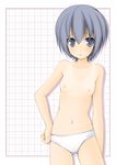  blue_eyes blue_hair breasts chestnut_mouth hand_on_hip highres minami-ke minami_touma navel nipples panties short_hair small_breasts solo tan tanline tapioka_(coconuts) underwear underwear_only 