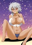  barefoot blazblue blazblue:_chronophantasma breasts bullet_(blazblue) cleavage condom covered_nipples dark_skin denim denim_shorts grin highres huge_breasts legs naughty_face navel orange_eyes short_hair shorts silver_hair sitting smile solo spread_legs thighs zerosu_(take_out) 