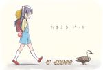  backpack bag bird black_hair brown_eyes copyright_name duck errant hair_bobbles hair_ornament hat kitashirakawa_anko kneehighs long_hair mary_janes one_side_up randoseru school_hat shoes tamako_market walking white_legwear 