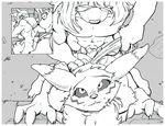  against_wall anthro balls big_breasts biting_lip breasts canine digimon erection eyewear facial_markings female fox from_behind glasses male mammal markings monochrome nude penetration penis renamon sex straight tail_pull under_boob yawg 