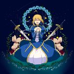  ^_^ ahoge artoria_pendragon_(all) bad_id bad_pixiv_id blonde_hair blue_flower blue_rose book caliburn closed_eyes dress excalibur fate/stay_night fate/zero fate_(series) flower hair_ribbon mitarashi_fate ribbon rose saber smile solo 