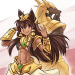  abs armor back-to-back brown_hair dark_skin genderswap genderswap_(mtf) league_of_legends long_hair nam_(valckiry) nasus personification red_eyes toned 