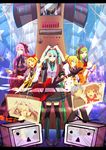  6+girls aaa_(seiga3782283) absurdres ahoge arm_up belt blonde_hair blue_eyes boots brother_and_sister cross-laced_footwear drumsticks electric_guitar green_hair guitar gumi hair_ornament hair_ribbon hairclip hatsune_miku highres ia_(vocaloid) instrument kagamine_len kagamine_rin kaito knee_boots lace-up_boots letterboxed long_hair megaphone megurine_luka meiko microphone multiple_boys multiple_girls necktie niconico orange_eyes outstretched_arm pigeon-toed purple_hair ribbon sailor_collar short_hair siblings skirt smile star terebi-chan thighhighs twintails very_long_hair vocaloid wrist_cuffs 