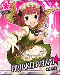  anzai_miyako artist_request blue_eyes card_(medium) character_name flower flower_(symbol) gloves idolmaster idolmaster_cinderella_girls microphone official_art pink_background red_hair short_hair smile solo 