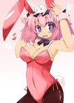  1girl animal animal_ears animal_on_head blue_eyes bow bowtie breasts bunny bunny_ears bunny_on_head bunny_tail bunnysuit cleavage detached_collar hibari_(senran_kagura) highres large_breasts ninto_(senran_kagura) on_head open_mouth pantyhose pink_hair senran_kagura senran_kagura_shoujo-tachi_no_shin'ei shirogane_(platinum) short_hair symbol-shaped_pupils tail wrist_cuffs 