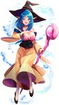  :d bare_shoulders blue_eyes blue_hair breasts detached_sleeves dress full_body hand_on_own_chest hat highres inzup large_breasts long_hair long_skirt looking_at_viewer magi_the_labyrinth_of_magic open_mouth shell shell_bikini skirt smile solo staff water wide_sleeves witch_hat yamuraiha 