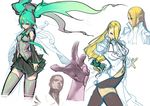  aja_salisbury aqua_eyes aqua_hair bangs blonde_hair detached_sleeves hair_over_one_eye hatsune_miku long_hair multiple_girls necktie sketch thighhighs tomoyuki_kotani twintails very_long_hair vocaloid yatagarasu_(game) zettai_ryouiki 