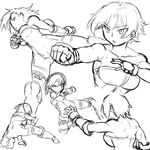 bare_shoulders breasts cleavage collage fighting_stance final_fantasy final_fantasy_tactics gloves greyscale kicking large_breasts monk_(fft) monochrome muscle punching short_hair tsukudani_(coke-buta) unitard 