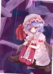  crying dress haru_ion hat hat_ribbon leg_hug pink_dress purple_hair red_eyes remilia_scarlet ribbon sitting solo touhou wrist_cuffs 