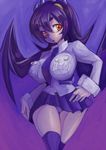  black_hair black_legwear breasts filia_(skullgirls) huge_breasts long_hair necktie prehensile_hair red_eyes samson_(skullgirls) school_uniform shie_(m417) skirt skullgirls solo thighhighs 