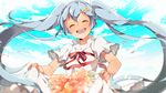  blue_hair closed_eyes cloud dress floating_hair flower hair_ornament hairclip hatsune_miku long_hair open_mouth skirt_basket sky solo twintails u35 very_long_hair vocaloid 