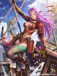  armor bad_id bad_pixiv_id blue_eyes blurry breasts cleavage copyright_request depth_of_field headband japanese_armor kilart kusazuri large_breasts legs long_hair mitsudomoe_(shape) nail_polish pink_hair rope ship solo suneate thighs tomoe_(symbol) watercraft 