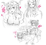  blush breasts cleavage collage downblouse feather_boa kudakitsune_(kaien_kun) large_breasts long_hair maou_(maoyuu) maoyuu_maou_yuusha mawaru_penguindrum multiple_girls nipples nude penguin_3-gou remilia_scarlet sketch takakura_himari tiger touhou 