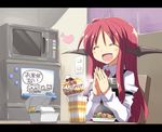  :d ^_^ bat_wings blush chair closed_eyes commentary_request cup_ramen food fork hands_together happy head_wings heart kitchen koakuma letterboxed long_hair message_board microwave necktie noodles onigiri open_mouth own_hands_together ramen red_hair refrigerator satou_kibi sitting smile solo touhou translated wings 