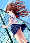  against_fence ass blush brown_eyes brown_hair chain-link_fence cloud day fence from_behind long_hair looking_back open_mouth original panties pleated_skirt ponnetsu school_uniform serafuku skirt sky solo underwear upskirt white_panties wind 