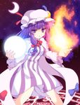  capelet crescent crescent_moon cross_(crossryou) dress energy_ball fire hat highres long_hair moon night open_mouth patchouli_knowledge purple_eyes purple_hair ribbon solo touhou 