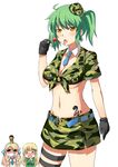  ^_^ alternate_costume alternate_hairstyle black_gloves blue_neckwear blush breasts camouflage camouflage_pants camouflage_shirt candy chibi cleavage closed_eyes commentary_request cowboy_shot crop_top crop_top_overhang detached_collar food front-tie_top garrison_cap gloves green_hair hair_ribbon hat hikage_(senran_kagura) holster jacket katsuragi_(senran_kagura) large_breasts lollipop looking_at_viewer mask military military_uniform multiple_girls naginoya navel necktie open_clothes open_shirt orange_eyes pants ribbon senran_kagura senran_kagura_shoujo-tachi_no_shin'ei shirt short_sleeves slit_pupils smile stomach sunglasses tattoo thigh_holster tied_shirt tongue tongue_out track_jacket twintails underboob uniform yomi_(senran_kagura) 