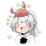  1girl :d animal animal_on_head artist_name bad_id bad_twitter_id blush crab dated grey_hair long_hair lowres mononobe_no_futo o_o on_head open_mouth rebecca_(keinelove) smile solo touhou 