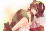  animal_ears bloomers brown_eyes brown_hair futatsuiwa_mamizou glasses leaf leaf_on_head raccoon_ears raccoon_tail sen1986 short_hair solo tail tail_hug touhou underwear 