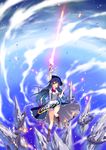  ;d arm_up bare_legs blue_hair boots cross-laced_footwear hat hinanawi_tenshi keystone lace-up_boots long_hair one_eye_closed open_mouth red_eyes saki_chisuzu smile solo sword_of_hisou touhou 