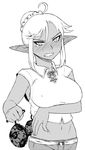  ahoge bra bra_removed breasts bun_cover character_request copyright_request covered_nipples dark_skin elf embarrassed greyscale hair_bun hair_up holding holding_bra large_breasts long_hair monochrome navel pointy_ears sidelocks sleeveless solo tears tsukudani_(coke-buta) underwear 