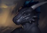  blue_eyes darkgem dragon horn looking_at_viewer mountain portrait scales scalie smile solo 