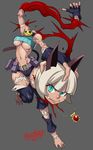  animal_ears aqua_eyes artist_name bare_shoulders blood breasts butcha-u cat_ears fang feet green_eyes grey_background grin headless looking_at_viewer medium_breasts mouth_hold ms._fortune_(skullgirls) no_bra scar severed_head severed_limb simple_background skullgirls smile solo underboob 