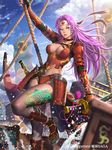  armor bad_id bad_pixiv_id blue_eyes blurry breasts cleavage copyright_request depth_of_field headband japanese_armor kilart kusazuri large_breasts legs long_hair mitsudomoe_(shape) nail_polish pink_hair rope ship solo suneate thighs tomoe_(symbol) watercraft 