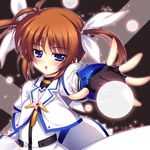  blue_eyes brown_hair fingerless_gloves gloves hair_ribbon long_sleeves lowres lyrical_nanoha magical_girl mahou_shoujo_lyrical_nanoha mahou_shoujo_lyrical_nanoha_the_movie_1st open_mouth raiou ribbon short_twintails solo takamachi_nanoha twintails 