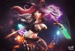  abyssal_scepter adapted_costume armor bad_id bad_pixiv_id belt breasts gloves glowing glowing_eyes green_eyes gunblade hat hextech_gunblade katarina_du_couteau large_breasts league_of_legends long_hair looking_at_viewer midriff needlessly_large_rod one3four! rabadon's_deathcap red_hair rylai's_crystal_scepter scar shoulder_pads signature skin_tight skull solo staff strap vambraces weapon witch_hat 