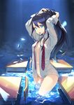  adjusting_hair arms_up black_hair blue_eyes breasts bug butterfly classroom desk flood highres insect long_hair medium_breasts moonlight mouth_hold navel necktie no_bra open_clothes open_shirt original panties ponytail school_desk see-through see-through_silhouette shirt solo underwear wading water white_panties yoo_(tabi_no_shiori) 