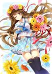  ;) ahoge ass_visible_through_thighs bad_id bad_pixiv_id black_legwear blurry brown_eyes brown_hair cloud depth_of_field dutch_angle floating_hair flower gerbera hagiwara_rin head_wreath long_hair looking_at_viewer miniskirt one_eye_closed original outside_border outstretched_arm petals plaid plaid_skirt pleated_skirt school_uniform serafuku skirt sky smile solo sunflower thigh_gap thighhighs very_long_hair zettai_ryouiki 