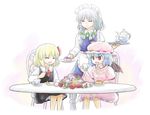  ascot bat_wings black_dress blonde_hair blue_dress blue_hair braid cake chair closed_eyes creamer_(vessel) cup dress eating fang flower food fork hair_ribbon hat hat_ribbon izayoi_sakuya juliet_sleeves long_sleeves maid maid_headdress morioka_itari multiple_girls open_mouth pink_dress plate puffy_sleeves red_eyes remilia_scarlet ribbon rumia shirt silver_hair sitting smile table teacup touhou twin_braids wings 