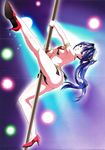  ass blue_hair breasts high_heels highres jewelry legs lots_of_jewelry maken-ki! nijou_aki panties pole pole_dancing ponytail shoes smile stripper takeda_hiromitsu tassel tassels thong tiara underwear 