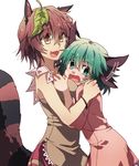  animal_ears aqua_eyes aqua_hair brown_eyes brown_hair dress fangs flapping_ears futatsuiwa_mamizou glasses grey_eyes kasodani_kyouko multiple_girls open_mouth pince-nez pink_dress raccoon_ears raccoon_tail rex_k short_hair skirt smile tail touhou 