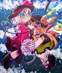  :q blonde_hair color_switch flandre_scarlet green_eyes hat heart heart_of_string holding_hands komeiji_koishi long_hair multiple_girls nail_polish red_eyes short_hair side_ponytail silver_hair sizma tongue tongue_out touhou wings 