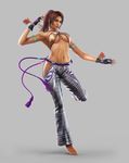  1girl 3d absurdres barefoot brazilian breasts brown_hair christie_monteiro dark_skin feet fingerless_gloves gloves highres large_breasts midriff namco navel official_art ponytail simple_background solo tekken tekken_tag_tournament_2 toenails toes underboob 