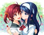  ;d blue_eyes blue_hair bottle brown_eyes brown_hair cheek-to-cheek couple futaba_aoi_(vividred_operation) hairband hug isshiki_akane licking long_hair mayonnaise michairu multiple_girls national_shin_ooshima_school_uniform one_eye_closed open_mouth school_uniform scrunchie short_hair smile tongue twintails vividred_operation yuri 