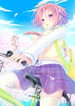  apple_inc. backpack bag bicycle cherry_blossoms cloud day digital_media_player earbuds earphones ground_vehicle ipod kiri_sennin necktie original petals pink_hair plaid plaid_skirt purple_eyes school_uniform short_hair skirt sky solo sweater_vest thighhighs zettai_ryouiki 