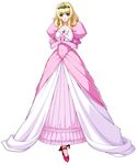  artist_request blonde_hair blue_eyes brooch curly_hair dress elbow_gloves elf frilled_dress frills full_body gloves gown high_heels himekishi_olivia jewelry laura_elfinrine long_hair official_art pink_dress pointy_ears ribbon shoes shoulder_pads smile solo tiara white_background 
