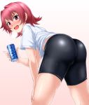  1girl ass bangs bike_shorts blush commentary_request drink eyebrows_visible_through_hair hair_between_eyes hand_on_own_knee highres hips holding huge_ass kantai_collection kinu_(kantai_collection) legs looking_at_viewer no_pants open_mouth pocari_sweat red_eyes red_hair shirt short_hair simple_background smile solo standing steam sweat thick_thighs thighs white_background wide_hips zanntetu 