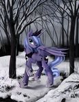  blue_eyes crown cutie_mark equine female feral forest friendship_is_magic horn horse mammal my_little_pony necklace pony ponykillerx princess princess_luna_(mlp) royalty shoes smile snow solo standing tree update water winged_unicorn wings 