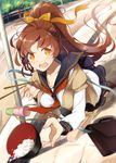  :o bowl breasts brown_eyes brown_hair cardigan chopsticks long_hair medium_breasts open_cardigan open_clothes original ponytail reika_(clovia_studio) rice_bowl school_uniform serafuku solo sweater 