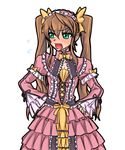  1girl angry blonde_hair blush bow bows brown_hair dress fang female frills green_eyes hand_on_hip hands_on_hips headdress huang_lingyin infinite_stratos lolita lolita_fashion open_mouth pink pink_dress ribbon ribbons simple_background solo sweet_lolita 