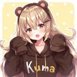  1girl :d animal_ears bangs bear_ears blonde_hair blush brown_eyes brown_hairband brown_hoodie collarbone darakeguma drawstring eyebrows_visible_through_hair fake_animal_ears fang fang_out hair_between_eyes hair_ornament hairband hairclip hands_up head_tilt hood hood_down hoodie long_hair long_sleeves looking_at_viewer mitsuba_choco open_mouth outline polka_dot polka_dot_background romaji_text sleeves_past_fingers sleeves_past_wrists smile solo two-tone_background white_background white_outline x_hair_ornament yellow_background yumetsuki_kokoa 