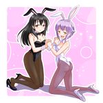  animal_ears ass black_eyes black_hair bow bowtie bunny_ears bunnysuit detached_collar fujiwara_hajime grey_hair high_heels highres idolmaster idolmaster_cinderella_girls koshimizu_sachiko long_hair m-shiganai multiple_girls pantyhose shoe_dangle shoes short_hair wrist_cuffs yellow_eyes 