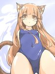  :&lt; absurdres animal_ears beigu breasts brown_eyes brown_hair cat_ears covered_navel from_below highres long_hair looking_at_viewer looking_down one-piece_swimsuit original school_swimsuit small_breasts solo swimsuit tail 