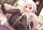  blush bow bow_bra bra bunny cat chair clock clothes_removed crotch_seam dutch_angle feet food long_hair mouth_hold original panties panties_under_pantyhose pantyhose pocky pov_feet red_eyes ryo silver_hair sitting skirt soles solo underwear white_bra white_panties 
