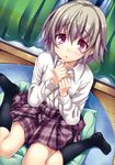  absurdres accel_world bed black_legwear blush crying grey_hair highres ichijou_hitoshi kneehighs kusakabe_rin looking_at_viewer open_mouth purple_eyes shiny shiny_skin sitting skirt solo tears 